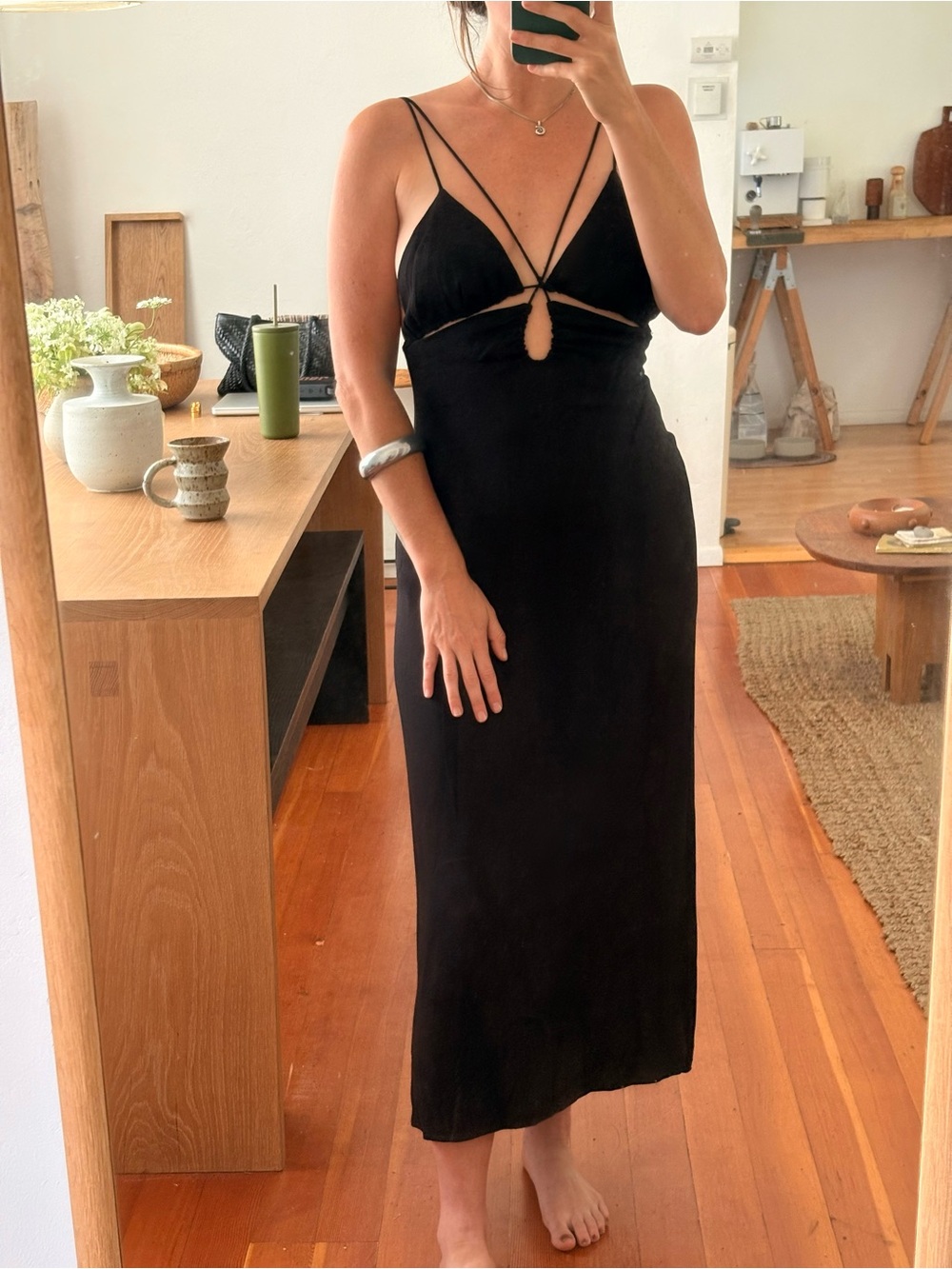 Sleek Black Strappy Cutout Midi Dress by Third Form